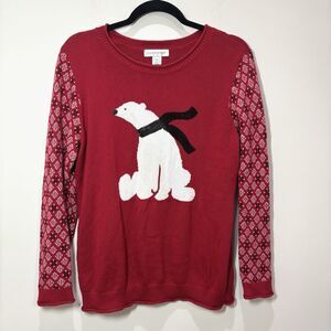Red Polar Bear Christmas Sweater Women M Festive Winter Nordic Grandmacore